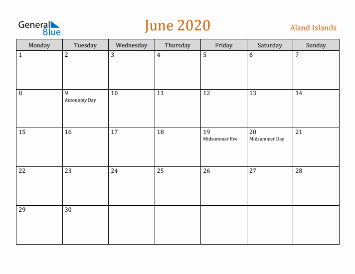 June 2020 Holiday Calendar with Monday Start