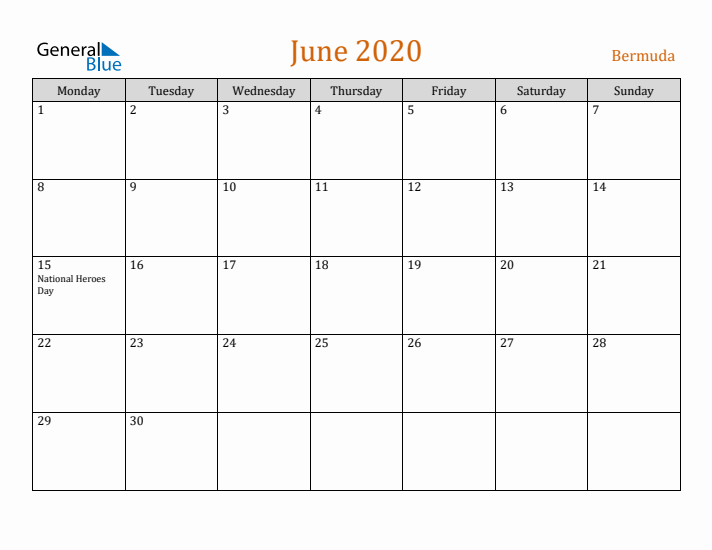 June 2020 Holiday Calendar with Monday Start