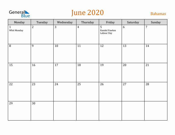 June 2020 Holiday Calendar with Monday Start