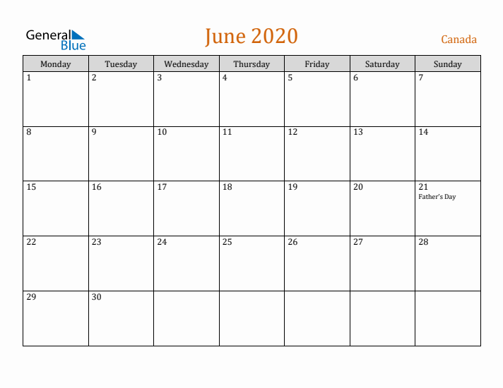 June 2020 Holiday Calendar with Monday Start