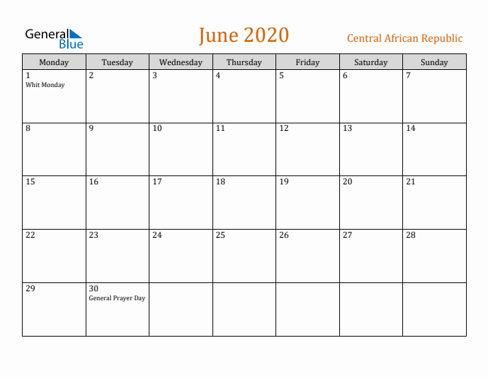 June 2020 Holiday Calendar with Monday Start