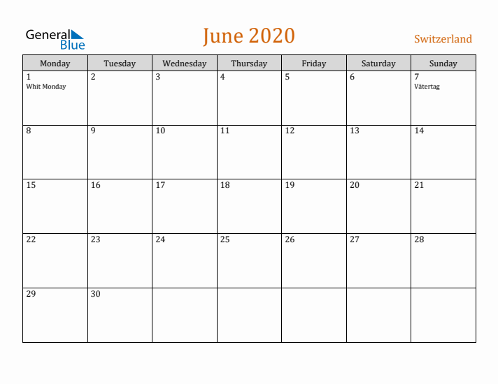 June 2020 Holiday Calendar with Monday Start