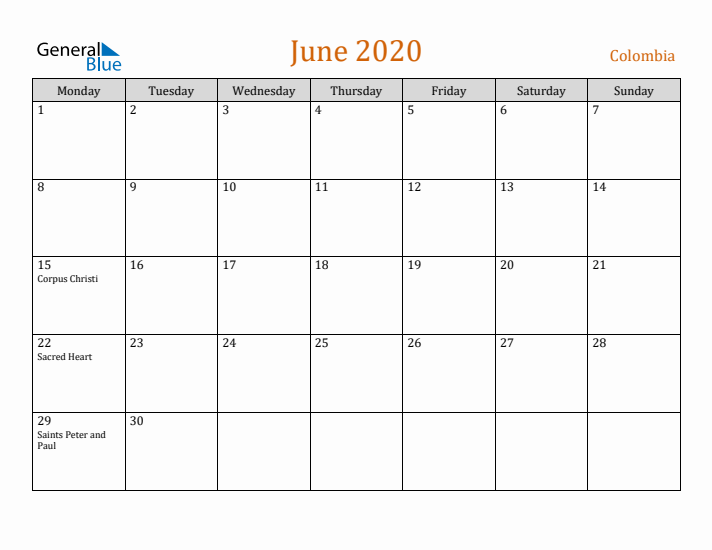 June 2020 Holiday Calendar with Monday Start