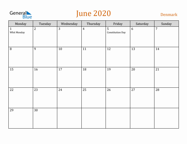 June 2020 Holiday Calendar with Monday Start