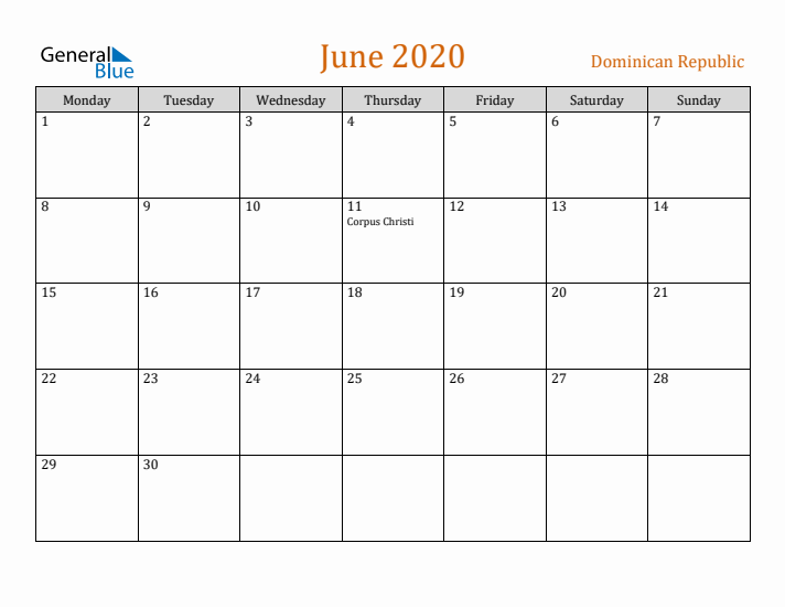 June 2020 Holiday Calendar with Monday Start