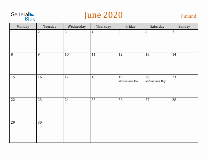 June 2020 Holiday Calendar with Monday Start