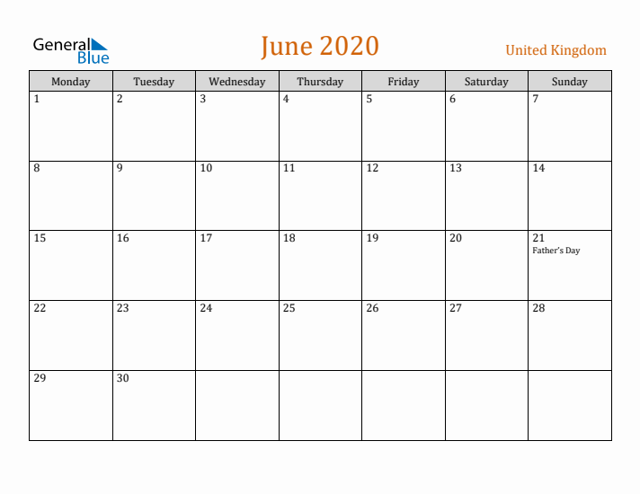 June 2020 Holiday Calendar with Monday Start