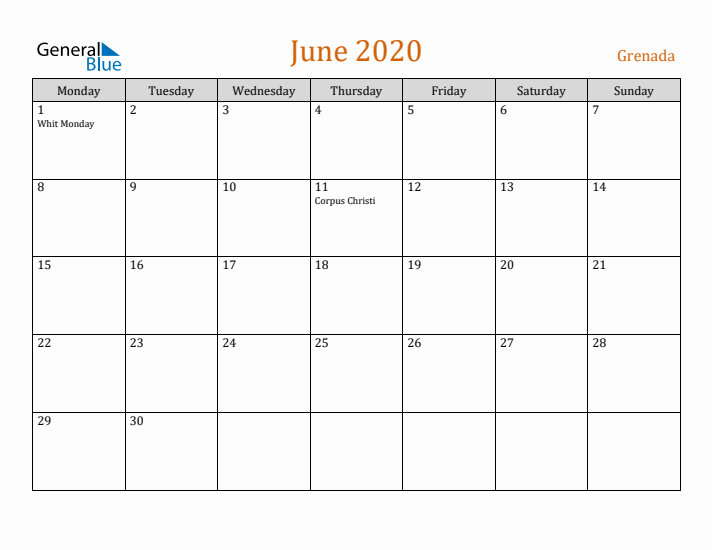 June 2020 Holiday Calendar with Monday Start