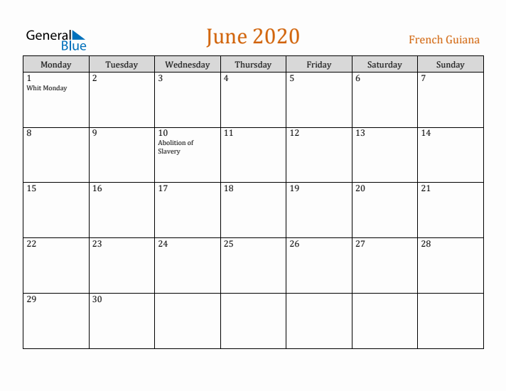 June 2020 Holiday Calendar with Monday Start