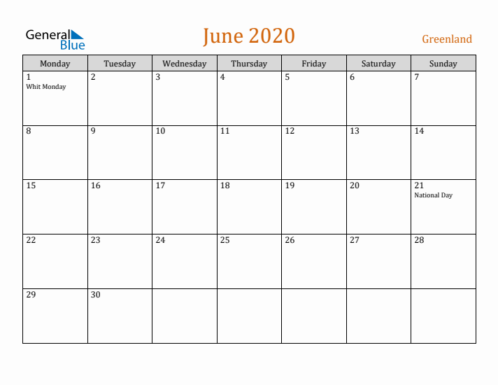 June 2020 Holiday Calendar with Monday Start