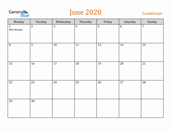 June 2020 Holiday Calendar with Monday Start