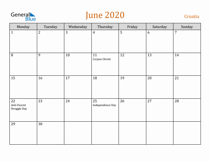 June 2020 Holiday Calendar with Monday Start