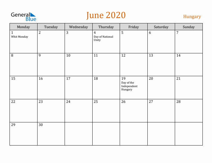 June 2020 Holiday Calendar with Monday Start