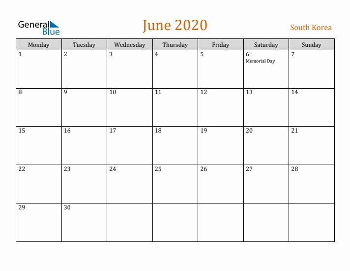 June 2020 Holiday Calendar with Monday Start