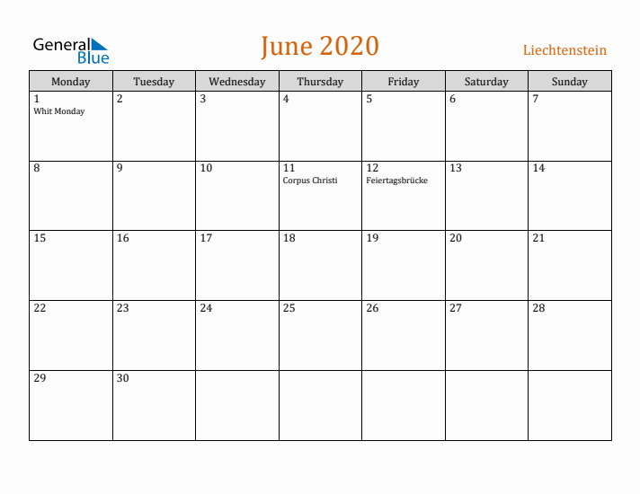 June 2020 Holiday Calendar with Monday Start