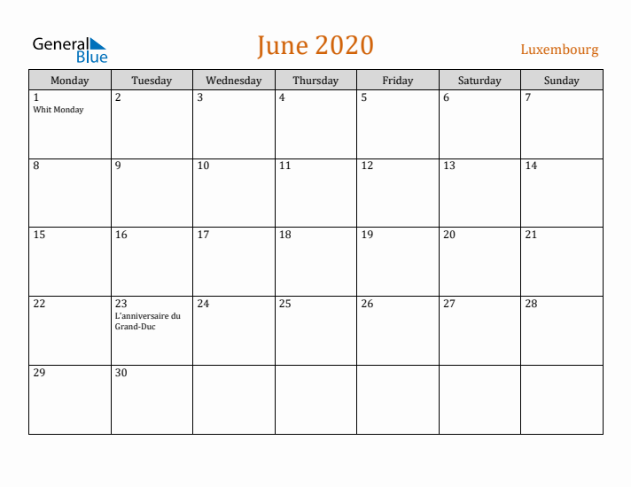 June 2020 Holiday Calendar with Monday Start