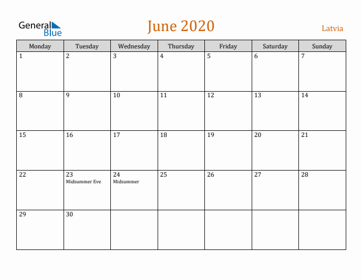 June 2020 Holiday Calendar with Monday Start