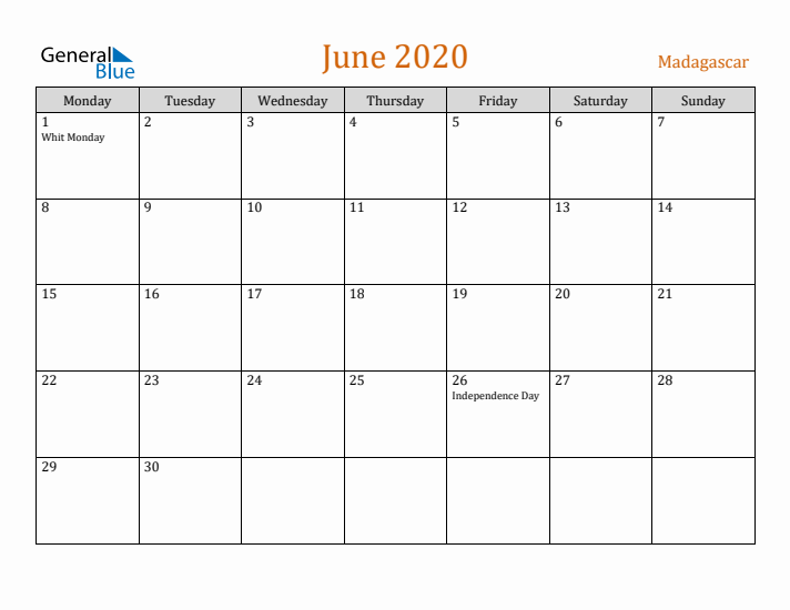 June 2020 Holiday Calendar with Monday Start