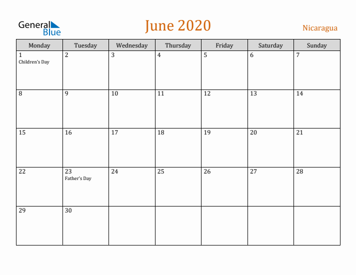 June 2020 Holiday Calendar with Monday Start