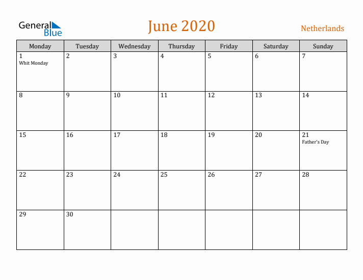 June 2020 Holiday Calendar with Monday Start