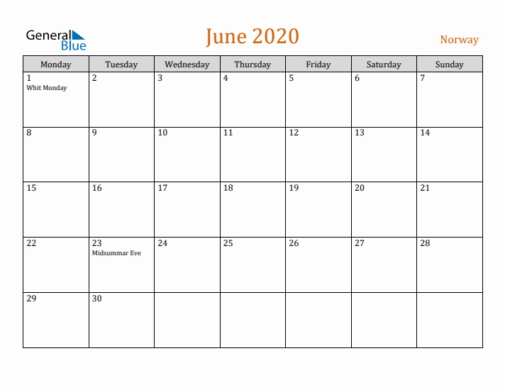 June 2020 Holiday Calendar with Monday Start