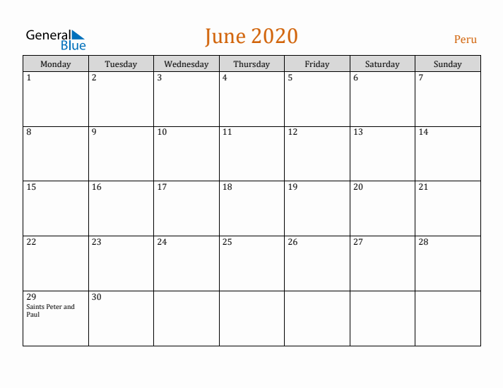 June 2020 Holiday Calendar with Monday Start