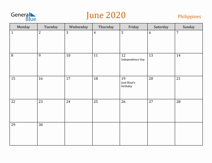 June 2020 Holiday Calendar with Monday Start