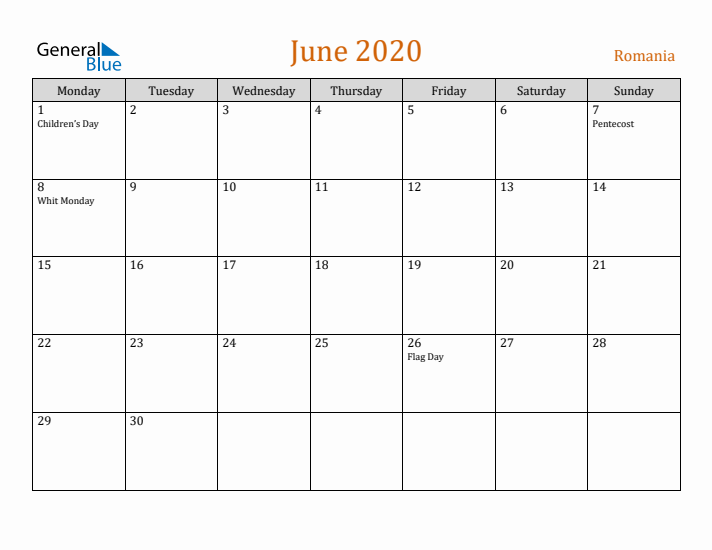 June 2020 Holiday Calendar with Monday Start