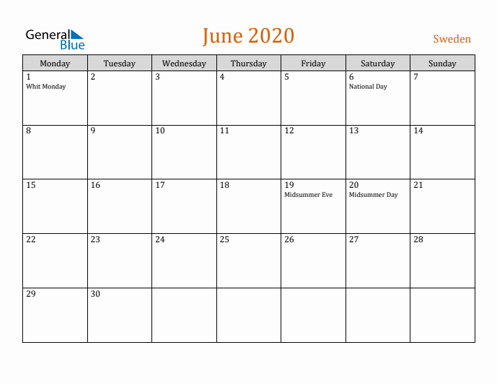 June 2020 Holiday Calendar with Monday Start