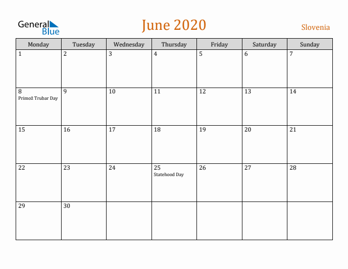 June 2020 Holiday Calendar with Monday Start