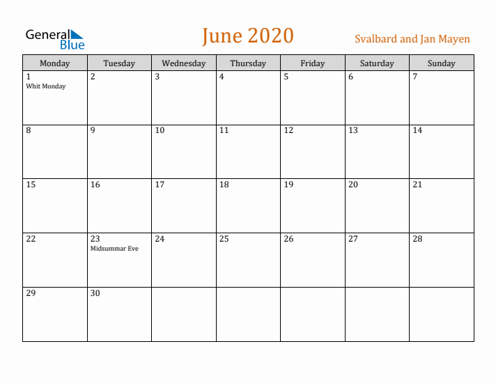 June 2020 Holiday Calendar with Monday Start