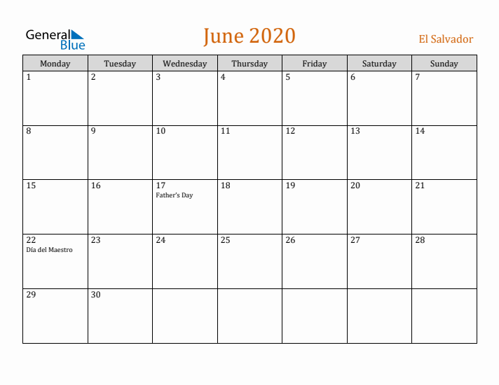 June 2020 Holiday Calendar with Monday Start