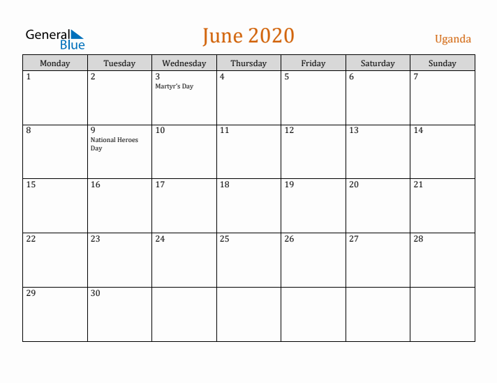 June 2020 Holiday Calendar with Monday Start