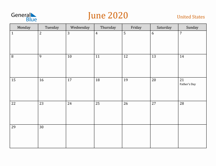 June 2020 Holiday Calendar with Monday Start