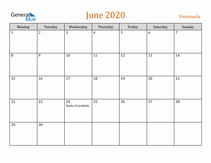 June 2020 Holiday Calendar with Monday Start