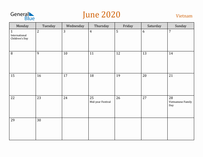 June 2020 Holiday Calendar with Monday Start