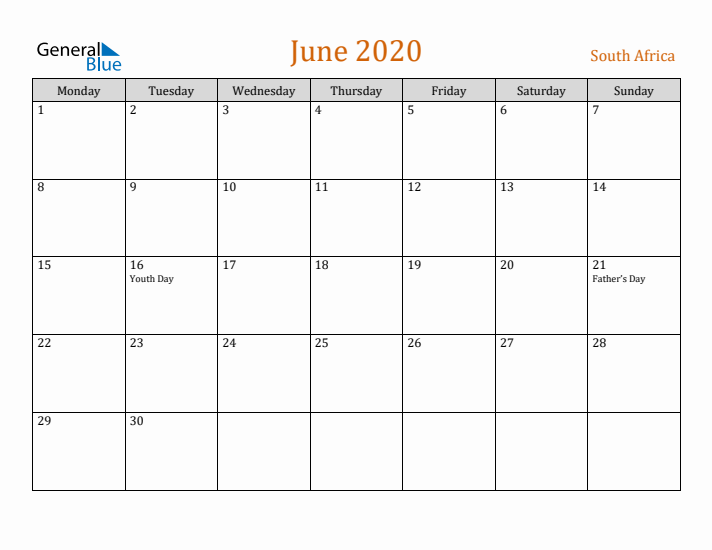 June 2020 Holiday Calendar with Monday Start