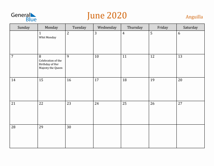 June 2020 Holiday Calendar with Sunday Start