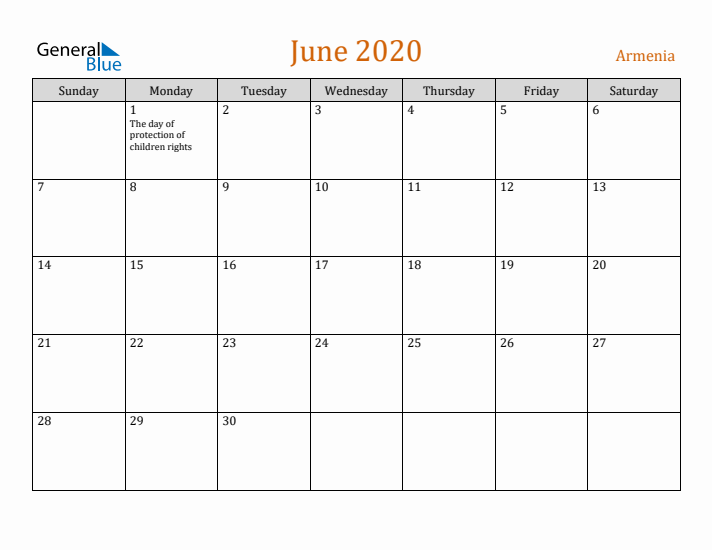 June 2020 Holiday Calendar with Sunday Start