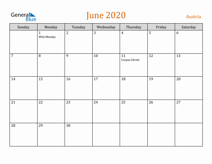 June 2020 Holiday Calendar with Sunday Start