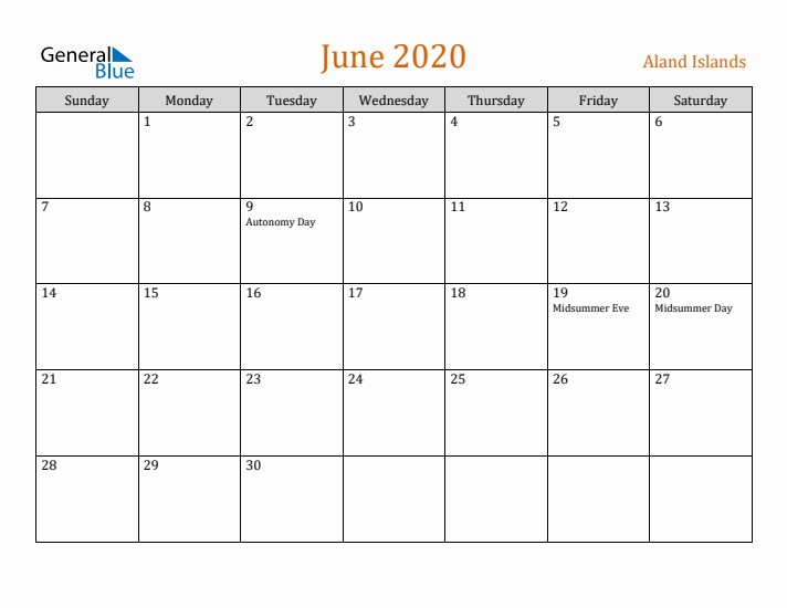 June 2020 Holiday Calendar with Sunday Start