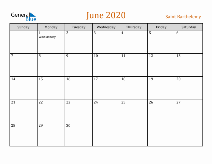 June 2020 Holiday Calendar with Sunday Start