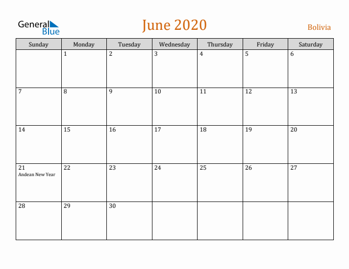 June 2020 Holiday Calendar with Sunday Start