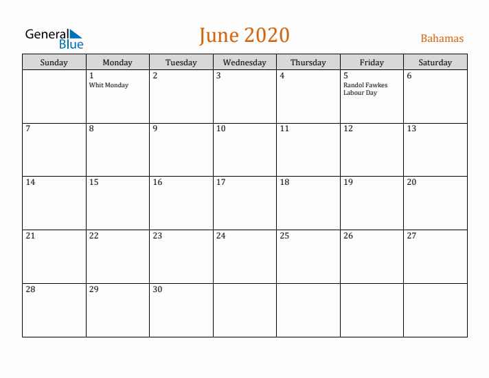 June 2020 Holiday Calendar with Sunday Start