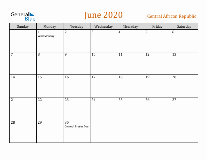 June 2020 Holiday Calendar with Sunday Start