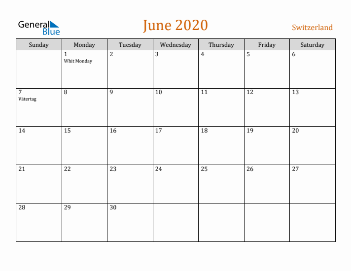 June 2020 Holiday Calendar with Sunday Start