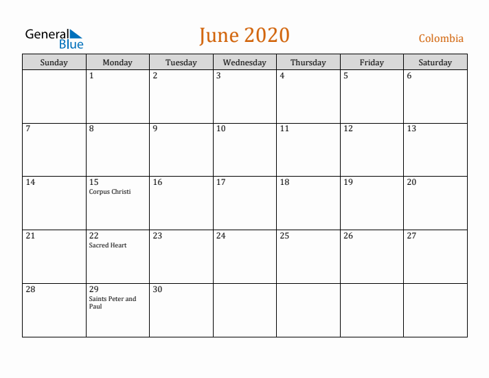 June 2020 Holiday Calendar with Sunday Start