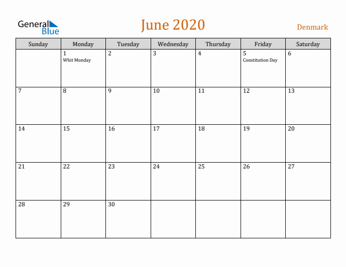 June 2020 Holiday Calendar with Sunday Start