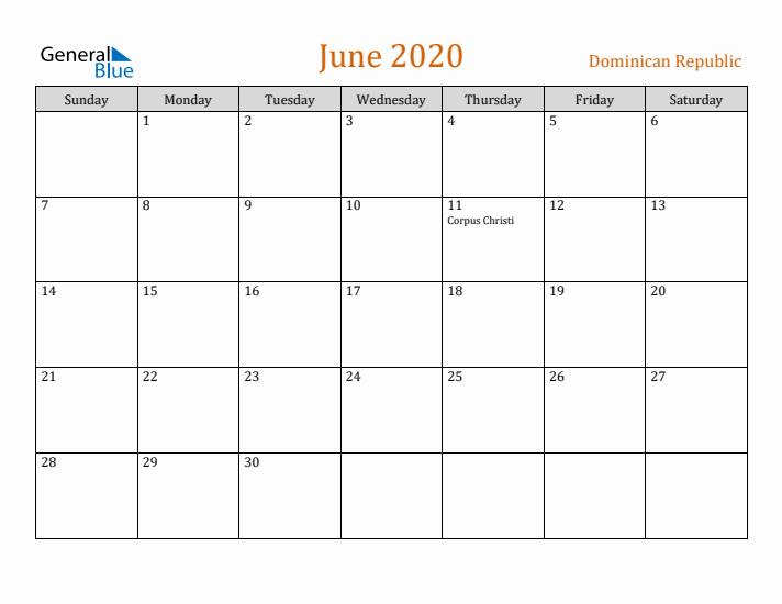 June 2020 Holiday Calendar with Sunday Start