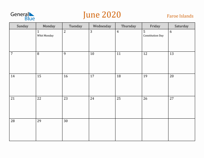 June 2020 Holiday Calendar with Sunday Start